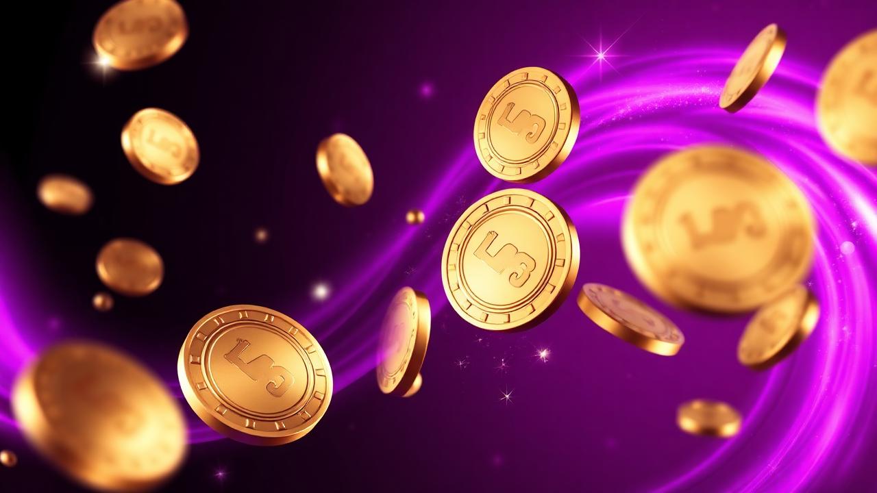 Stylised gold ThrillCoins tokens swirling in a purple vortex