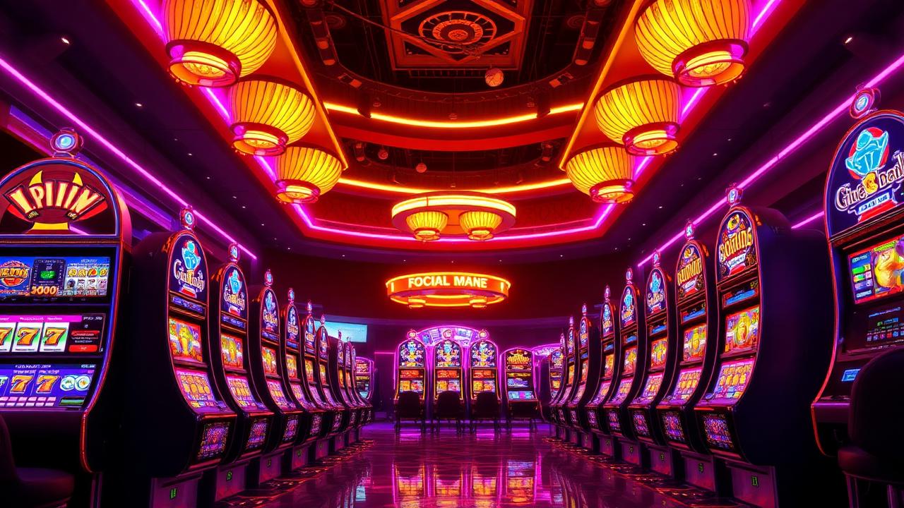 ThrillCoins social casino lobby with glowing slot reels
